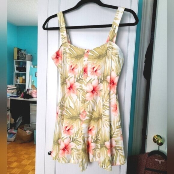 FOREVER 21 Pink Green Tropical Floral Vacation Summer Stretch Romper Jumpsuit - Picture 1 of 13